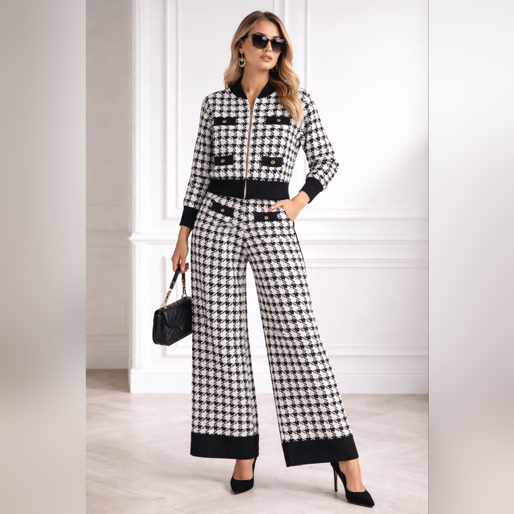NEW SHEIN Houndstooth Knit 2-Piece‎ Set Zip Jacket & Wide Leg Pants US 4
